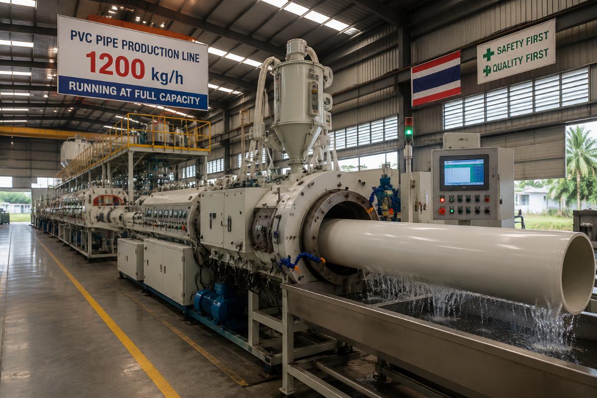 1200kg/h PVC pipe production line running at full capacity in a Southeast Asian factory