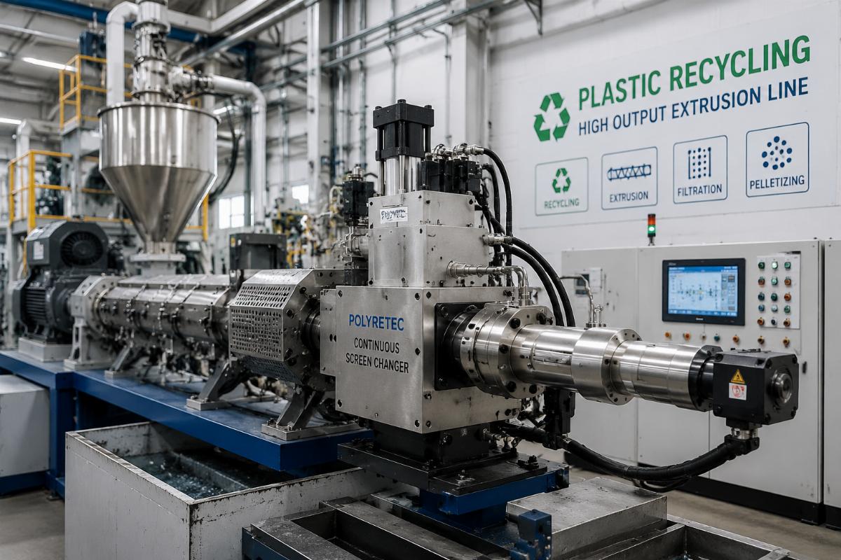 A continuous screen changer installed on a high output plastic recycling extrusion line