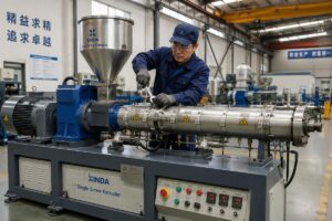 A factory technician performing routine maintenance on a fully assembled single-screw extruder unit