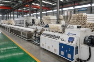 A fully assembled PVC pipe extrusion line running at a production facility with finished pipe stacks in the background