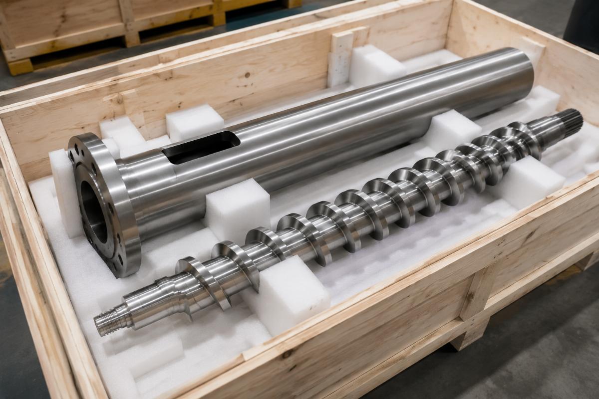 A replacement bimetal screw and barrel component ready for shipping to overseas buyers