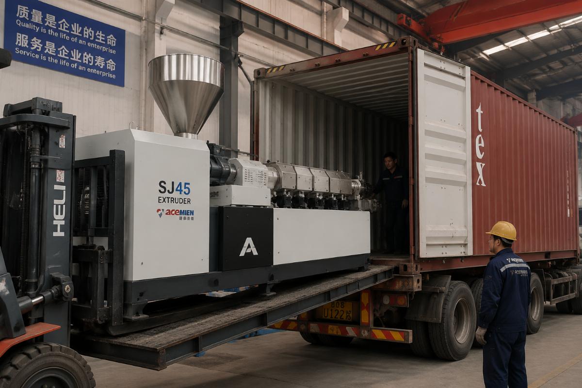 A SJ45 extruder being loaded into a shipping container for international delivery