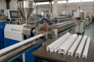 A SJ45 extruder installed on a small PVC profile production line next to finished profile parts