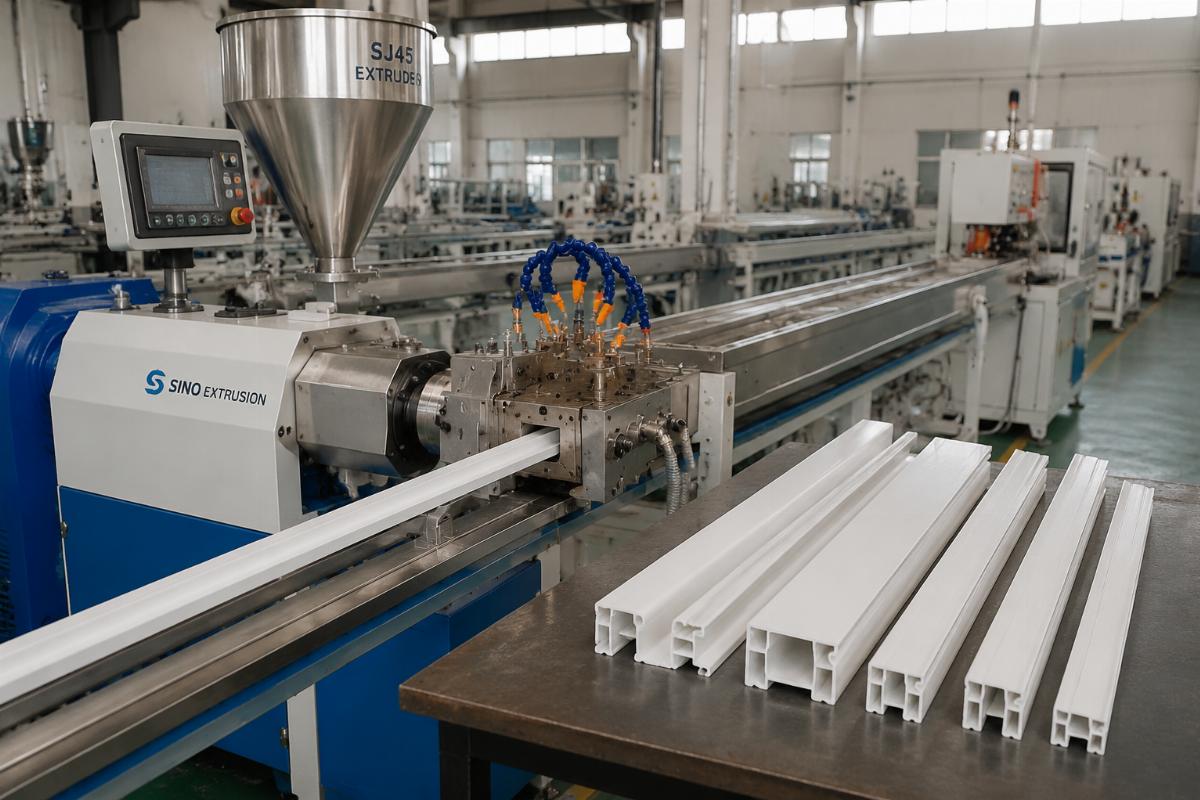 A SJ45 extruder installed on a small PVC profile production line next to finished profile parts