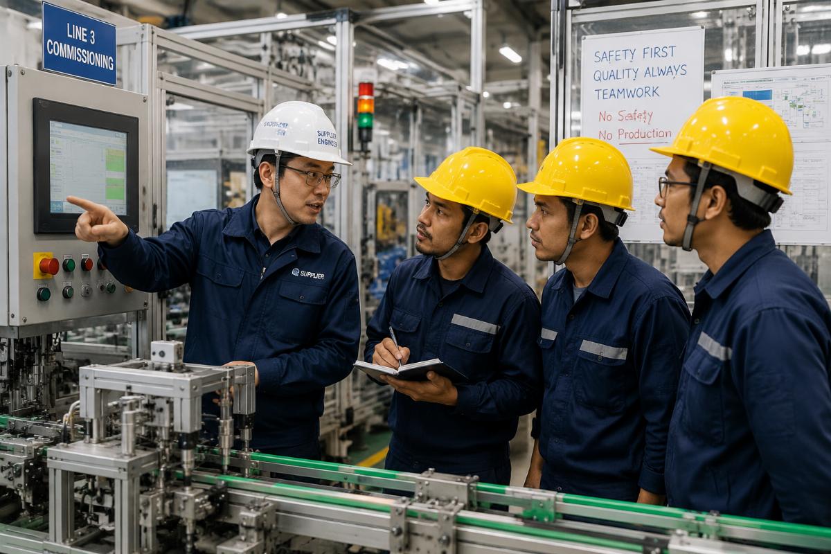 A supplier engineer guiding a local production team through line commissioning on site