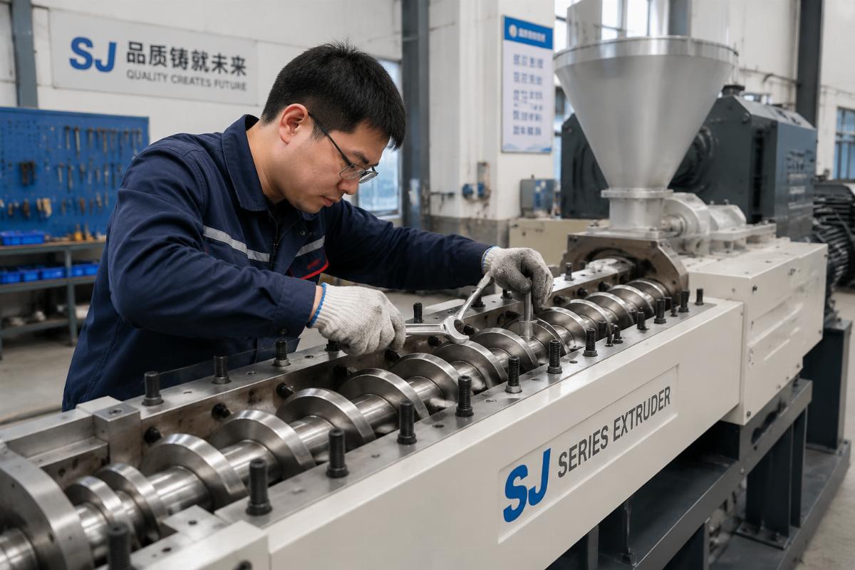 A technician adjusting the screw assembly of an SJ series extruder in a workshop