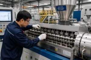 A technician adjusting the screw configuration of a reactive twin screw extruder on a production floor