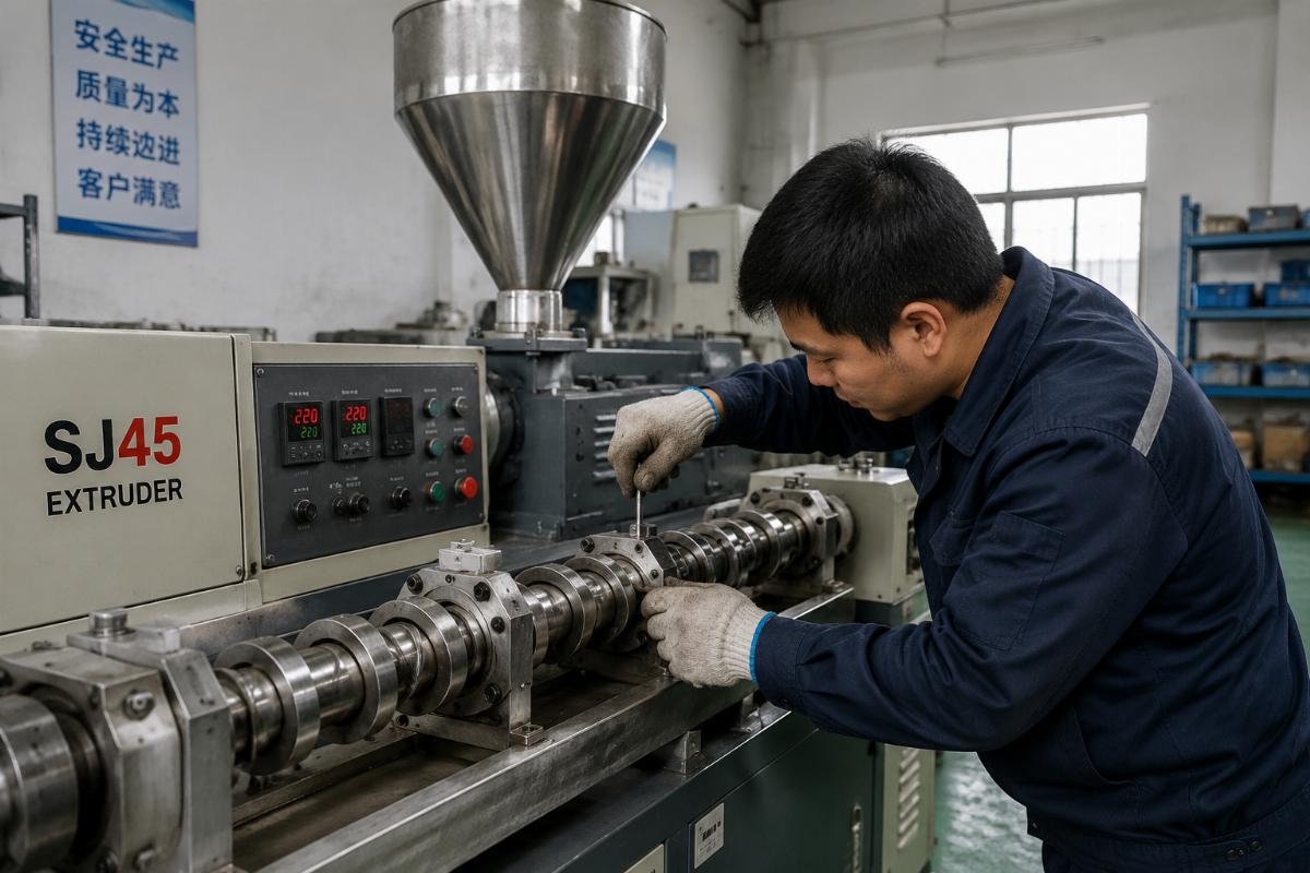 A worker adjusting the screw assembly of a SJ45 extruder in a small production facility