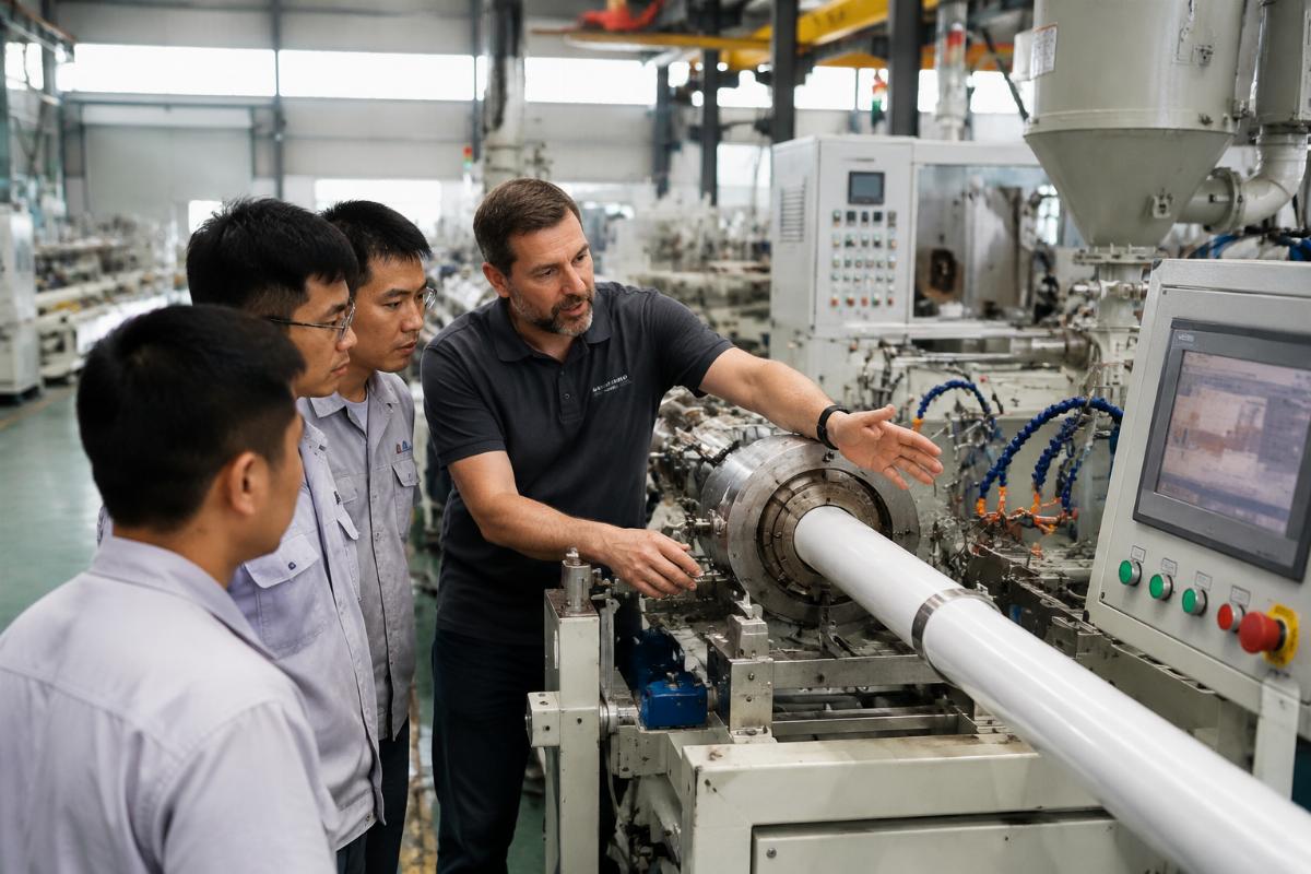 An overseas engineer guiding on-site installation of a PVC pipe extrusion production line