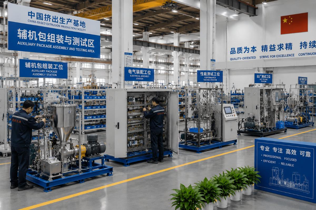 China-based extrusion production facility showing auxiliary package assembly and testing stations