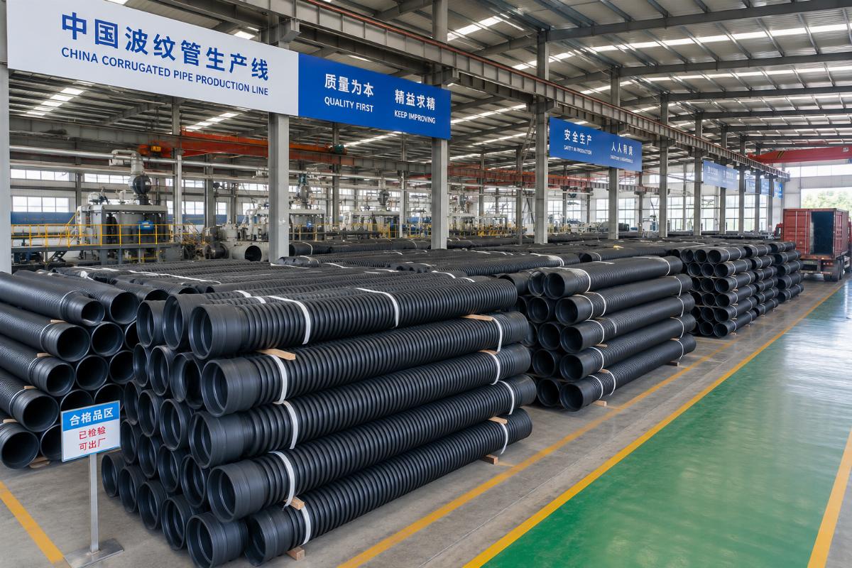 China corrugated pipe production line factory floor with completed units ready for shipment