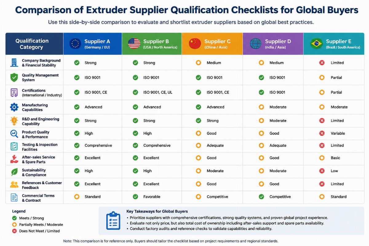 Comparison of extruder supplier qualification checklists for global buyers