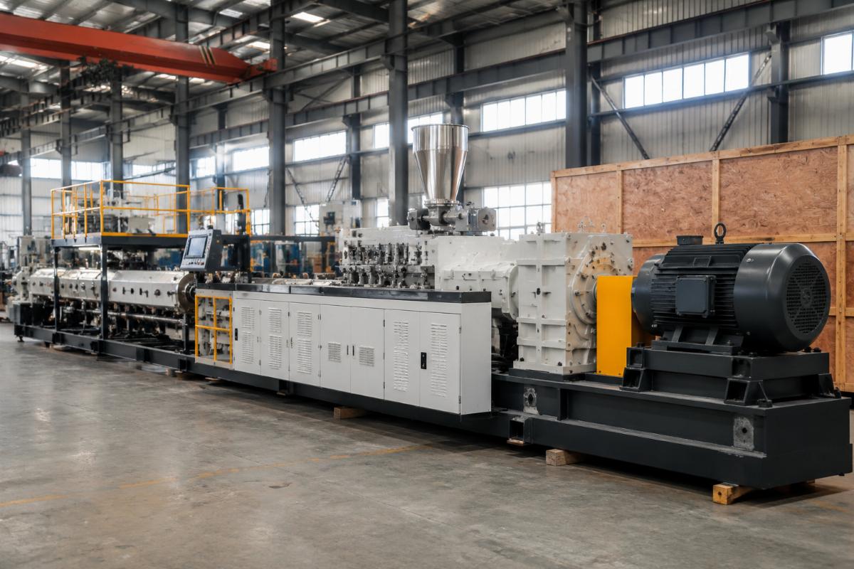 Completed reactive twin screw extruder line ready for shipping to overseas clients