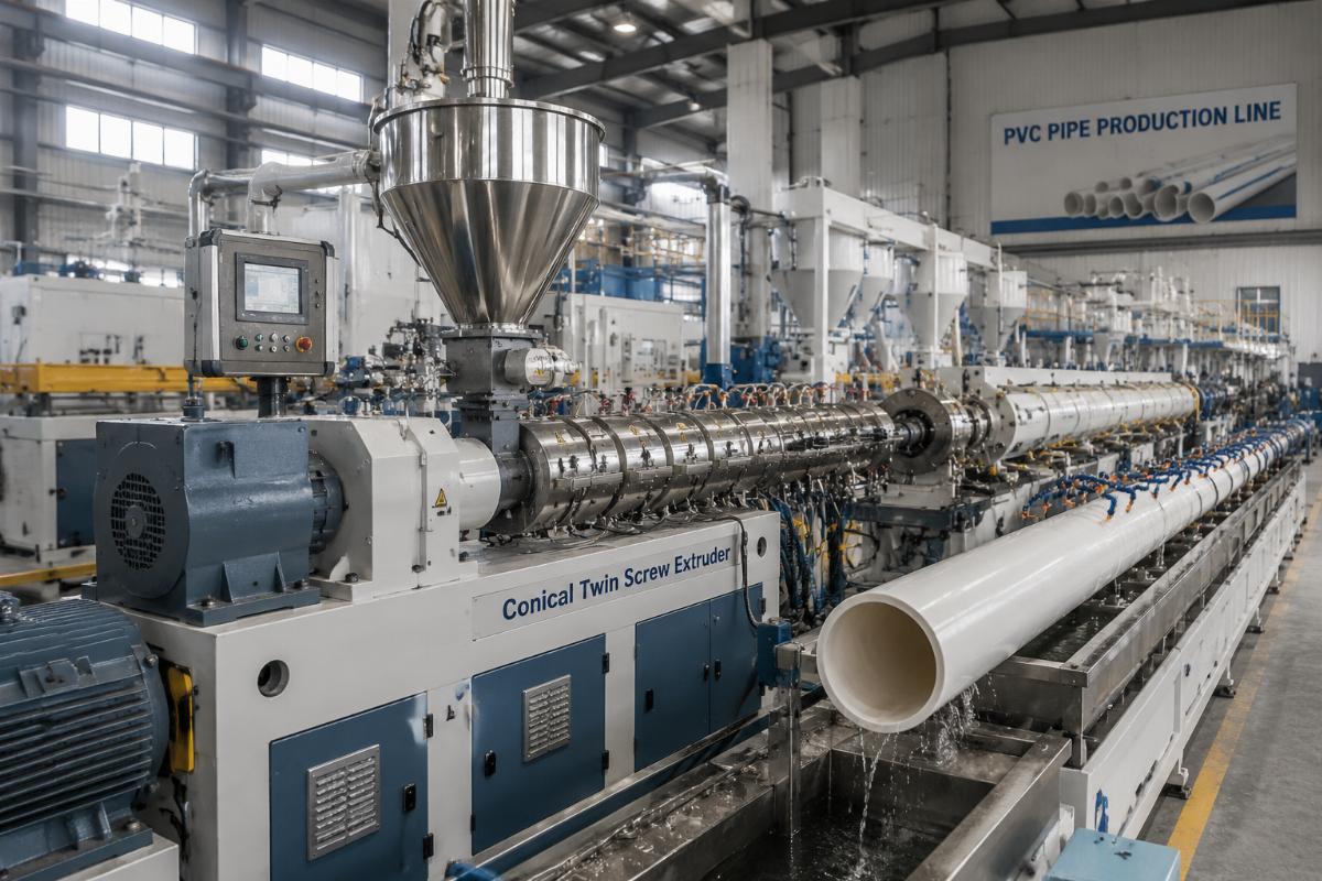 Conical twin screw extruder running at a PVC pipe production facility