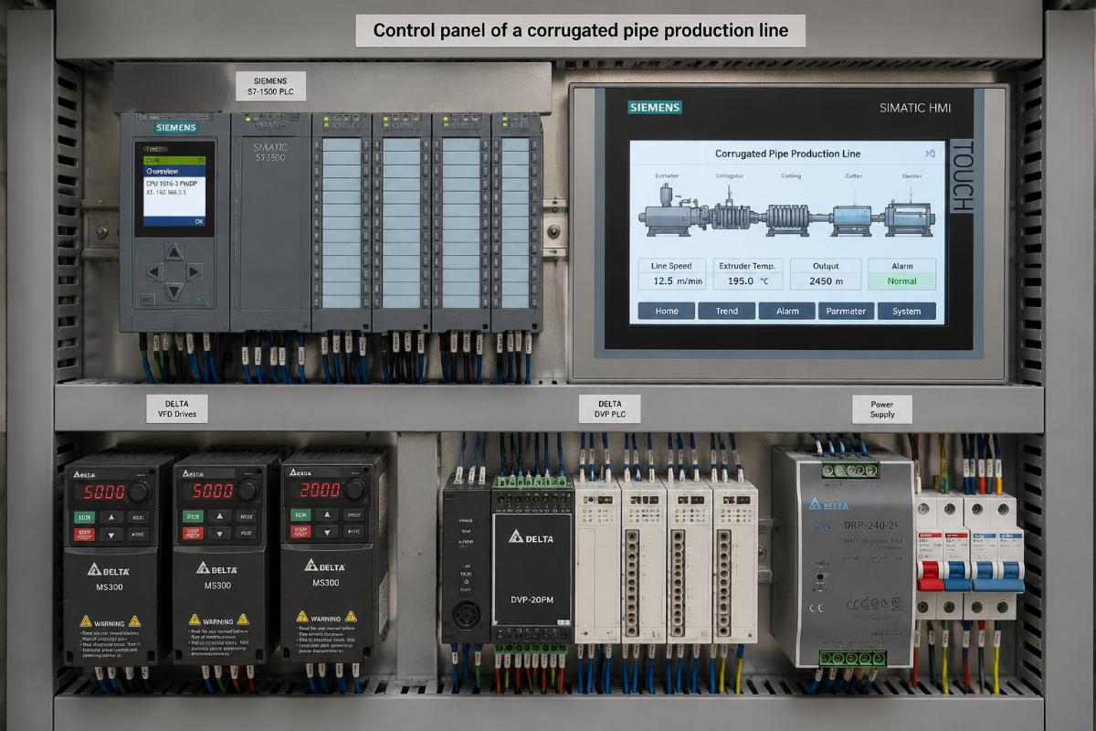 Control panel of a corrugated pipe production line showing Siemens and Delta component branding