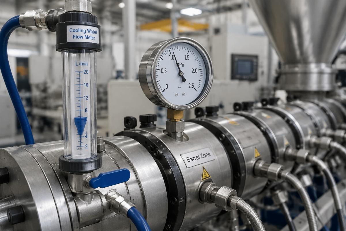 Cooling system flow meter and pressure gauge on extruder barrel