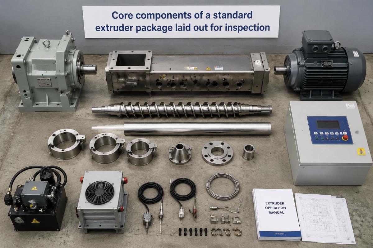 Core components of a standard extruder package laid out for inspection