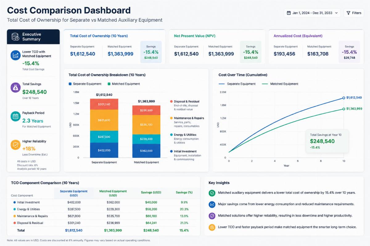 Cost comparison dashboard showing total cost of ownership for separate vs matched auxiliary equipment