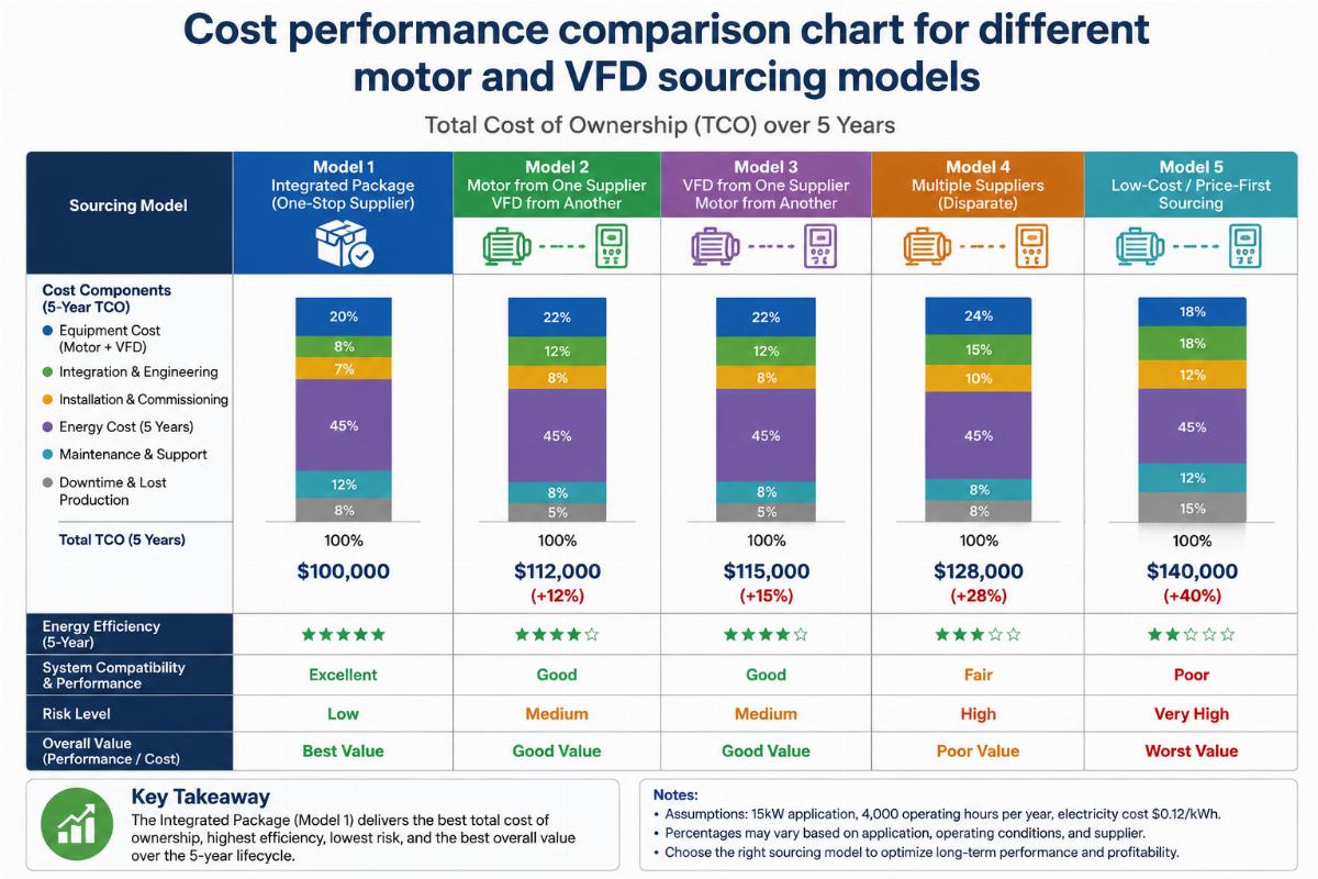 Cost performance comparison chart for different motor and VFD sourcing models