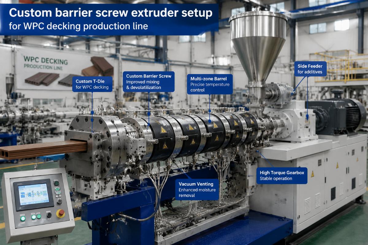 Custom barrier screw extruder setup for a WPC decking production line