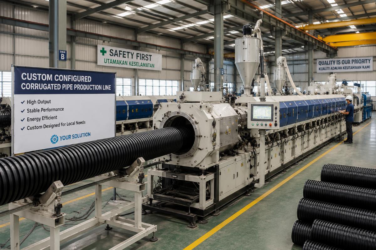 Custom configured corrugated pipe production line running at a Southeast Asian manufacturing facility