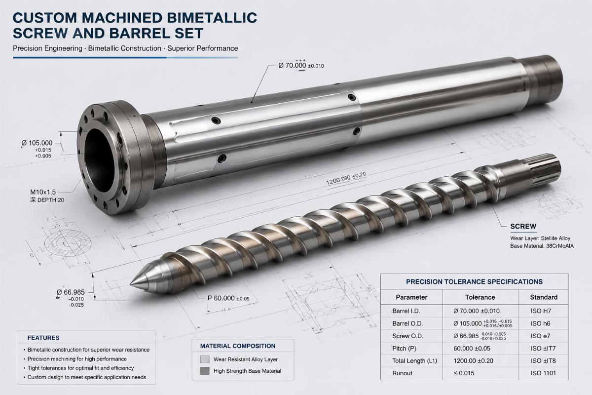 Custom machined bimetallic screw and barrel set with precision tolerance markings