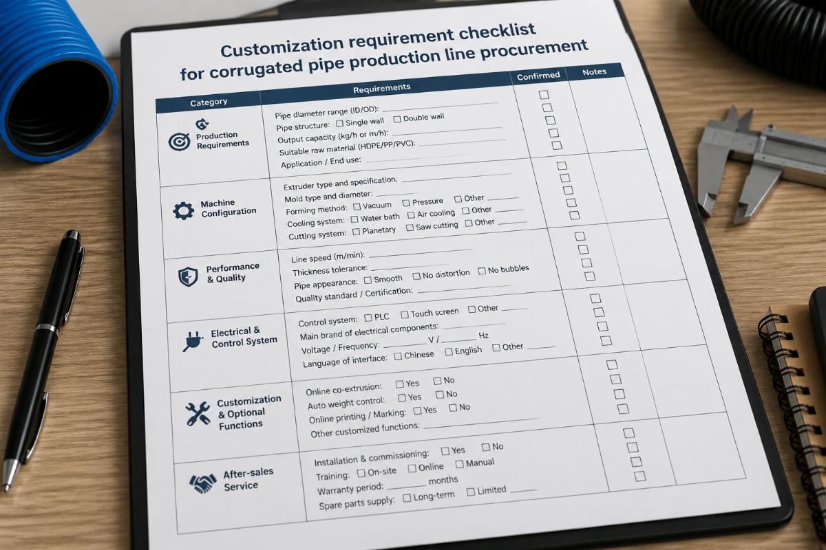 Customization requirement checklist document for corrugated pipe production line procurement