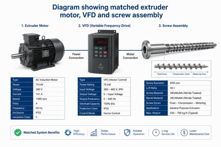 Diagram showing matched extruder motor, VFD and screw assembly