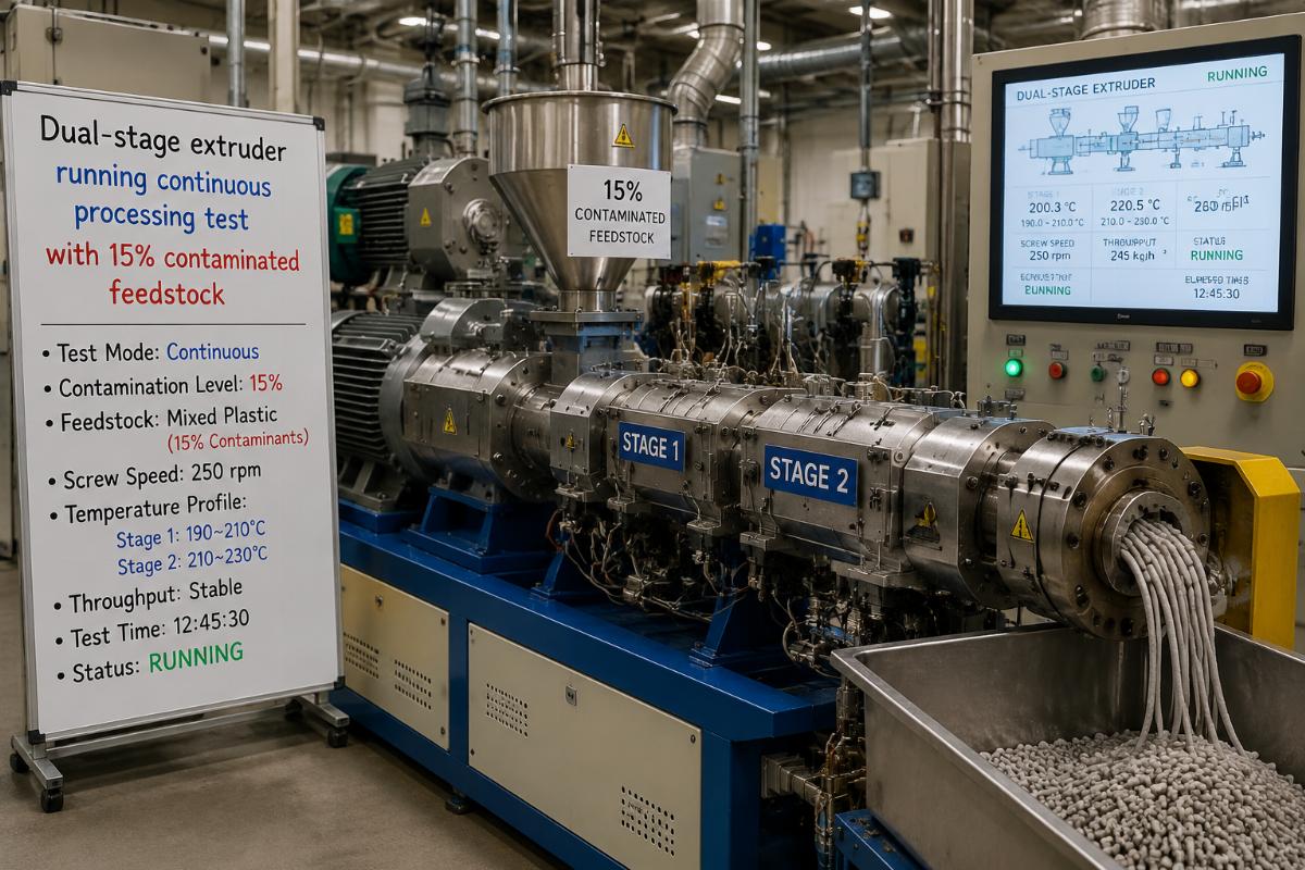 Dual-stage extruder running continuous processing test with 15% contaminated feedstock
