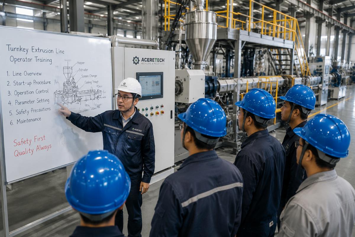 Engineer conducting on-site operator training for a turnkey extrusion line installation