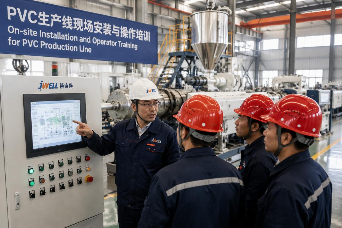 Engineer performing on-site installation and operator training for a PVC production line
