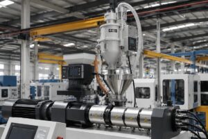 Extruder auxiliary package with integrated feeder, hopper and vacuum loader installed on a production line