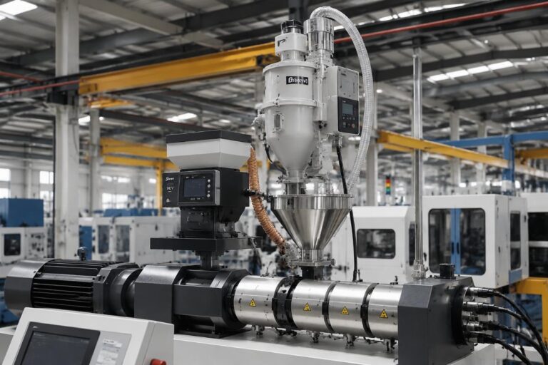 Extruder auxiliary package with integrated feeder, hopper and vacuum loader installed on a production line
