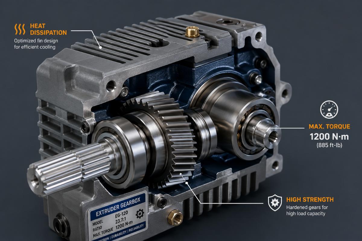 Extruder gearbox internal component close-up showing heat dissipation and torque rating markers