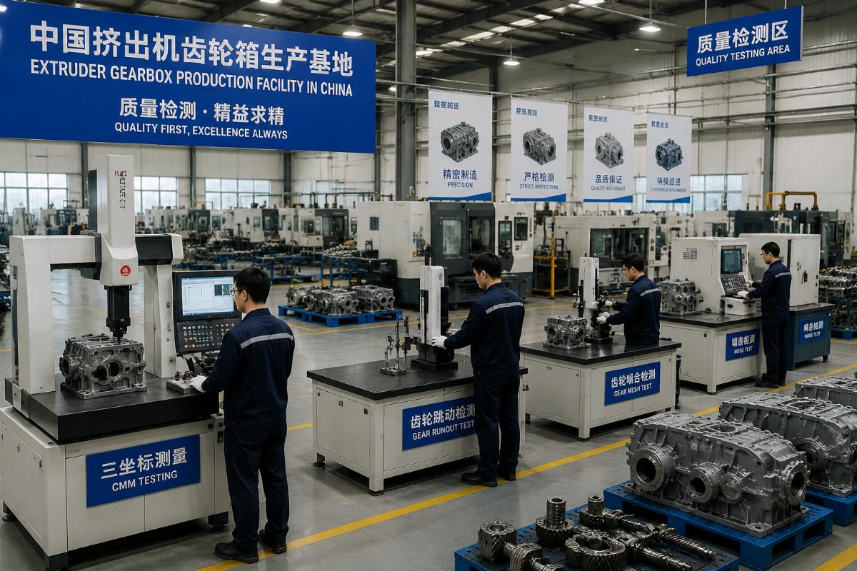 Extruder gearbox production facility in China showing quality testing stations