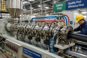 Extruder heating and cooling system installation on a working production line