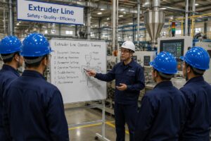 Extruder line operator training session on production floor