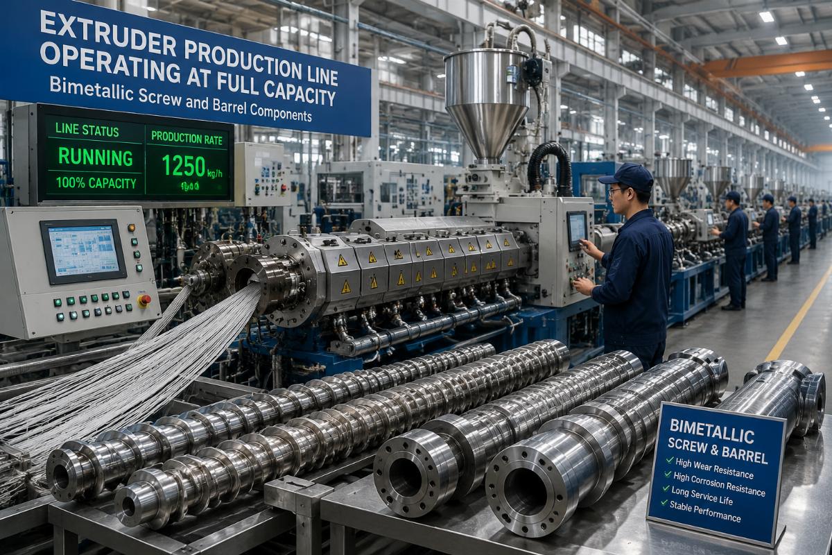 Extruder production line operating at full capacity with bimetallic screw and barrel components