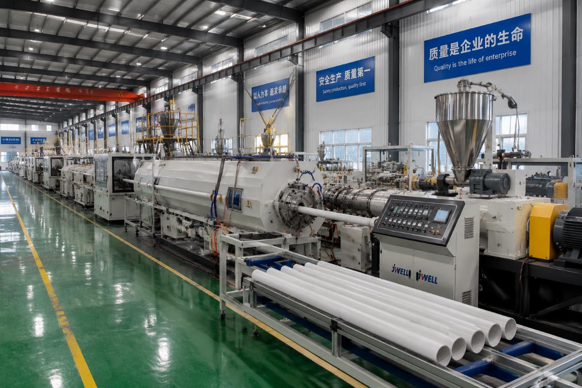 Factory floor of a large scale PVC extrusion line manufacturing facility with multiple production stations
