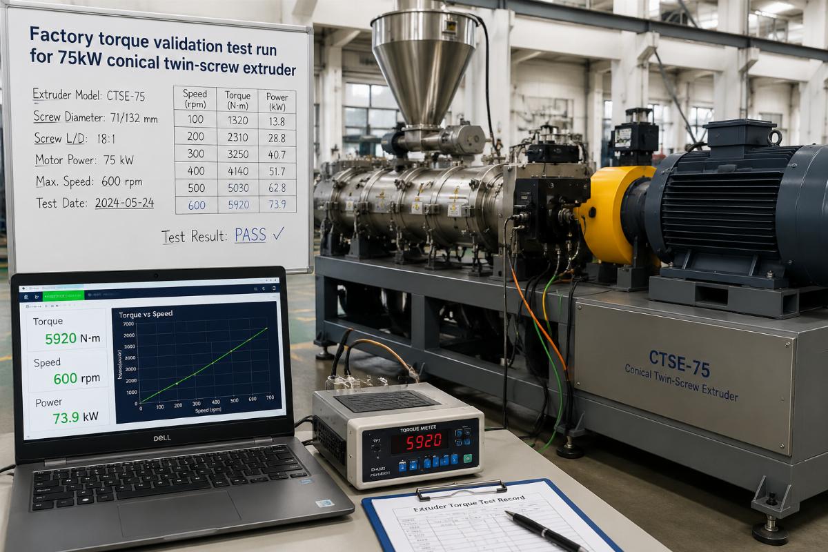 Factory torque validation test run for a 75kW conical twin-screw extruder