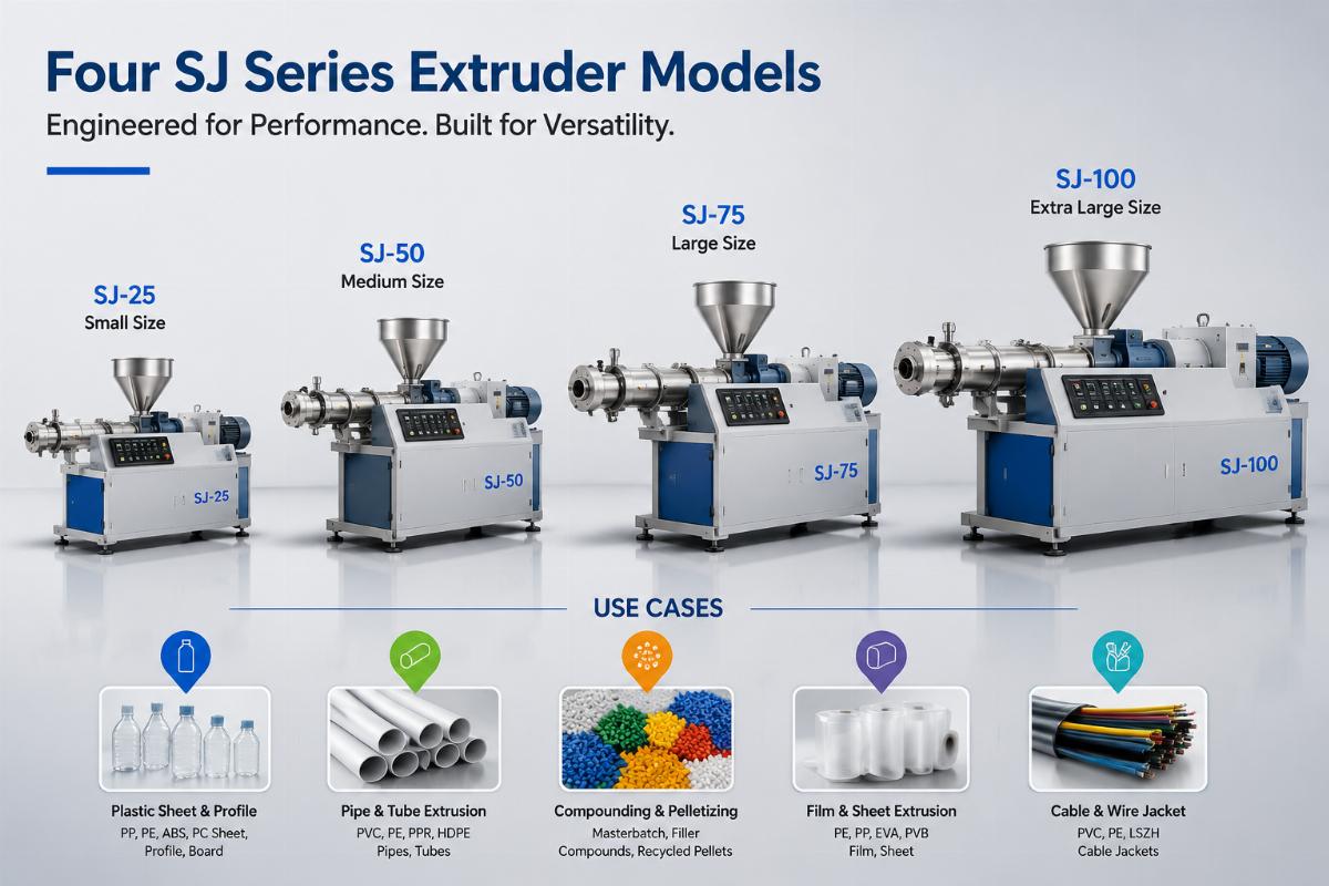 Four SJ series extruder models of different sizes displayed next to labeled use case markers