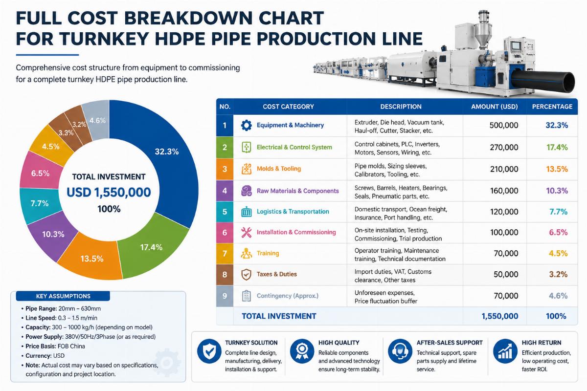 Full cost breakdown chart for turnkey HDPE pipe production line