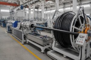 Full HDPE pipe production line from extruder to winder in factory test run