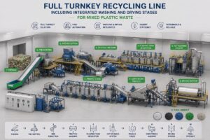 Full turnkey recycling line including integrated washing and drying stages for mixed plastic waste