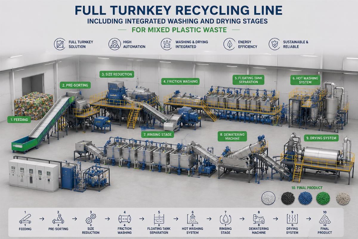 Full turnkey recycling line including integrated washing and drying stages for mixed plastic waste