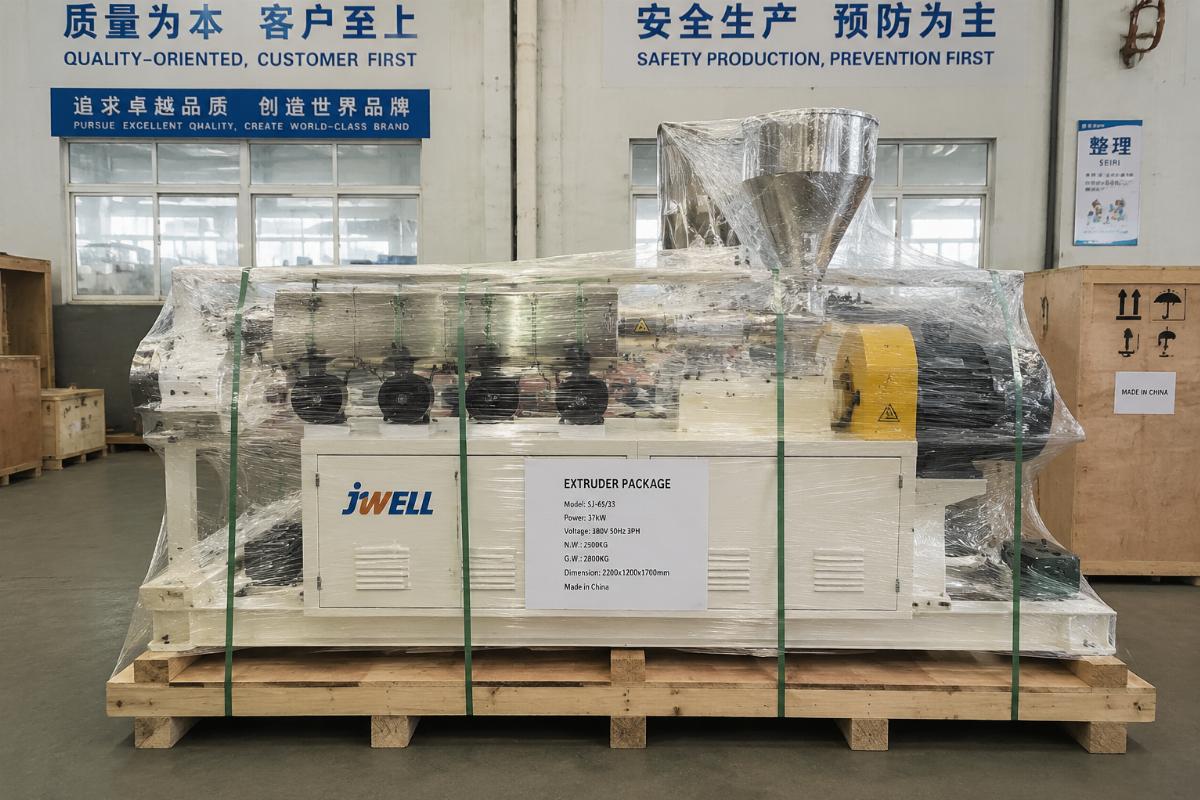 Fully assembled extruder package ready for shipment from a Chinese manufacturing facility