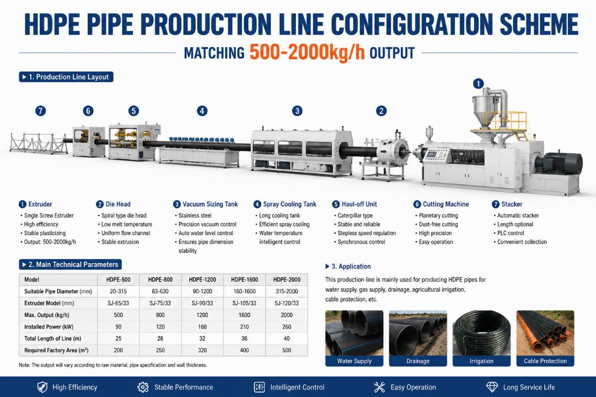 HDPE pipe production line configuration scheme matching 500-2000kg/h output