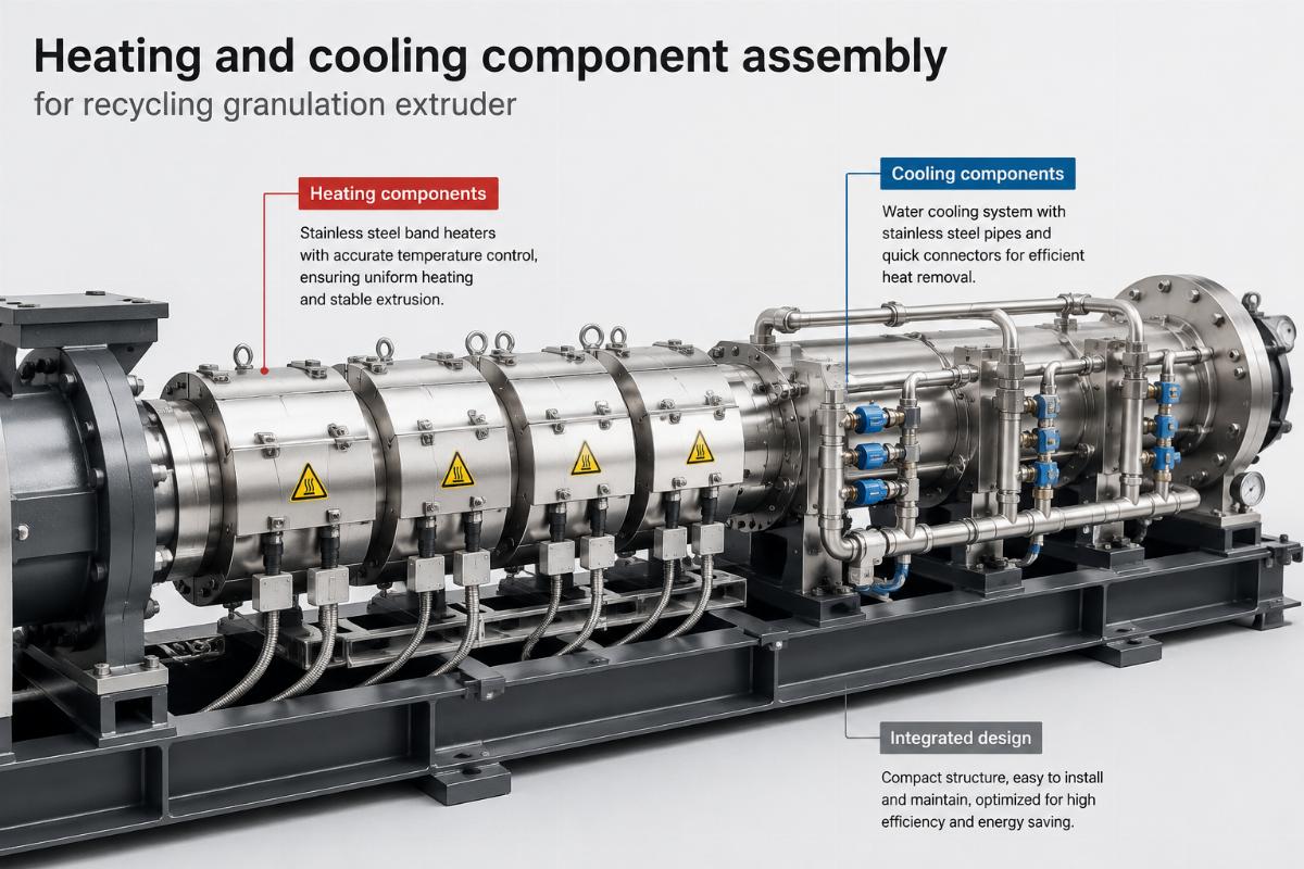 Heating and cooling component assembly for recycling granulation extruder