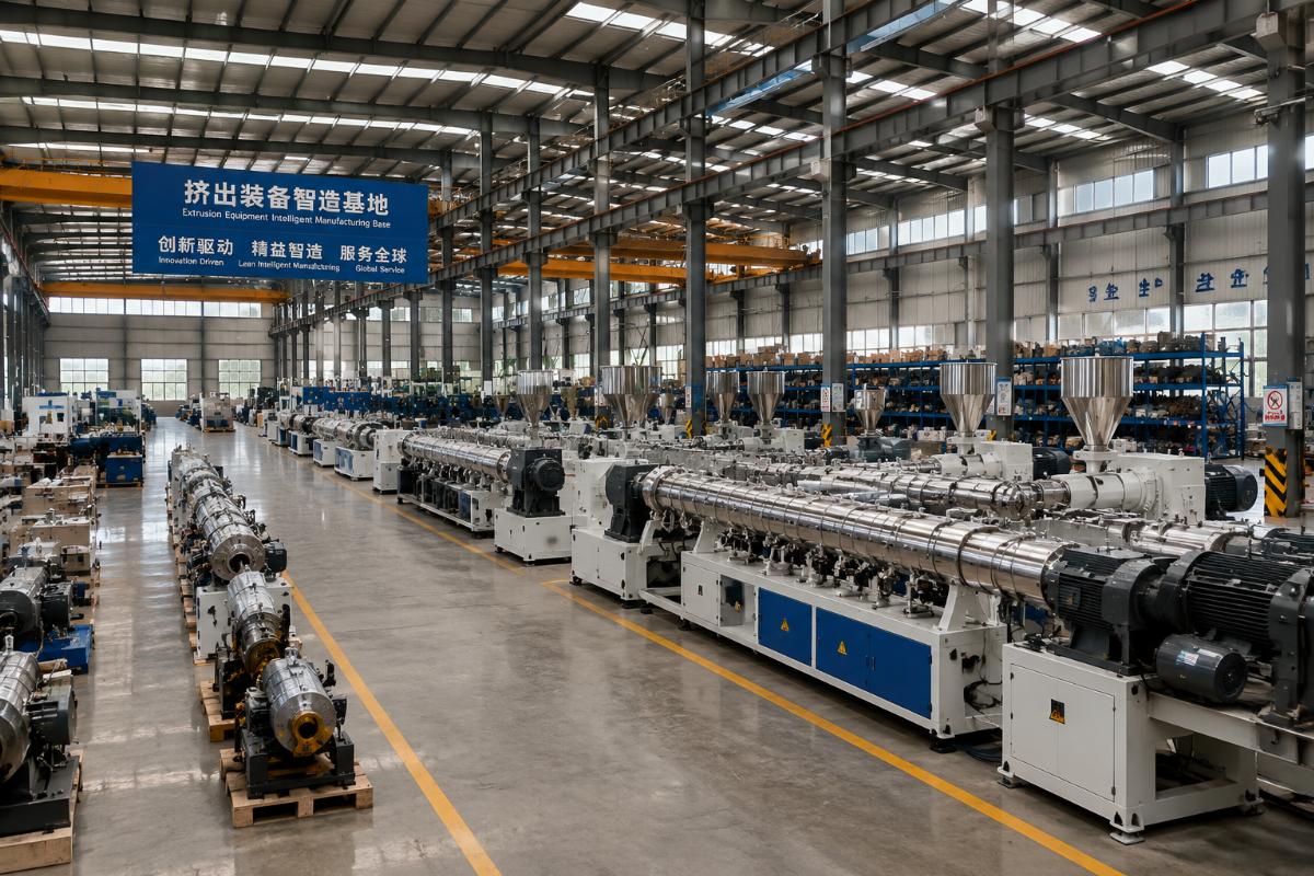 Interior of a large-scale extruder manufacturing facility with assembly lines and finished inventory