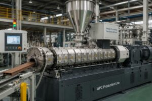 Parallel co-rotating twin screw extruder at a WPC production line
